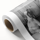 Art deco poster depicting a stylized family meal in muted pastel tones on rolled canvas, ideal for dining room wall art.