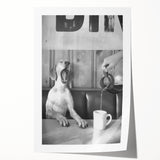 Rolled canvas print featuring a group of people dining, set against a backdrop of muted floral designs.