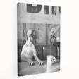 Large art depicting a busy kitchen scene in muted earth tones on stretched canvas, suitable for kitchen wall art.