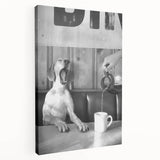 Large art depicting a busy kitchen scene in muted earth tones on stretched canvas, suitable for kitchen wall art.