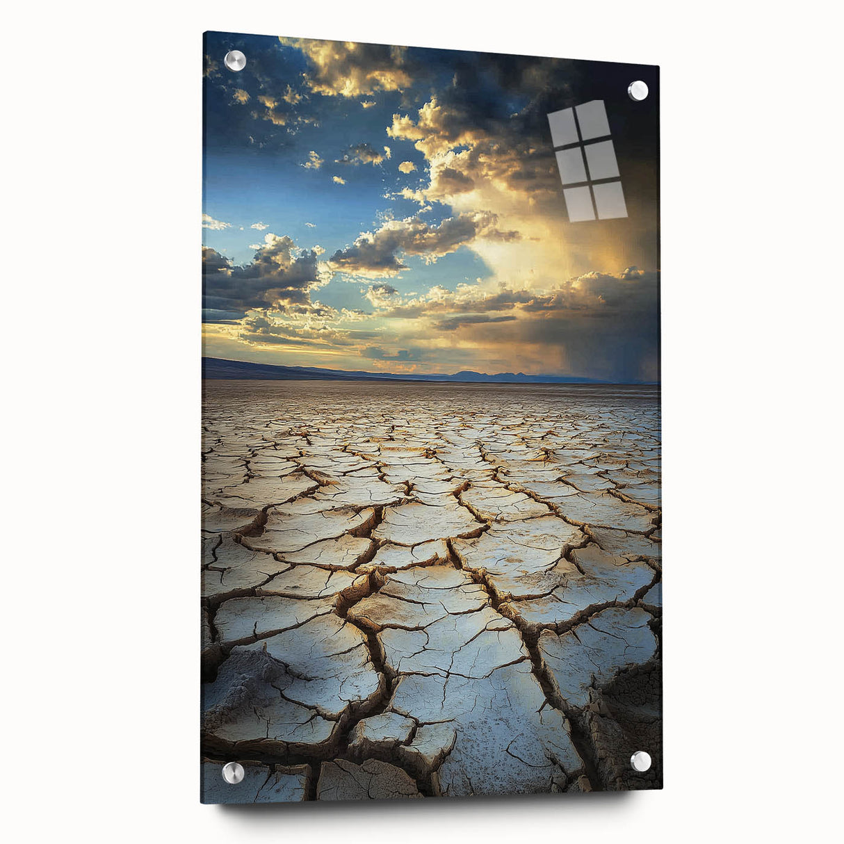 Landscape acrylic glass art display showcasing a vibrant abstract design, featuring a side view with elegant pins for mounting. This contemporary piece adds a modern touch to any room decor.