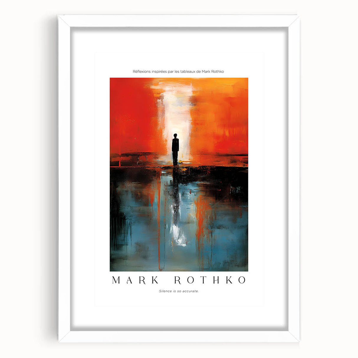 Abstract art print featuring bold red and soft pink blocks on a white framed canvas.