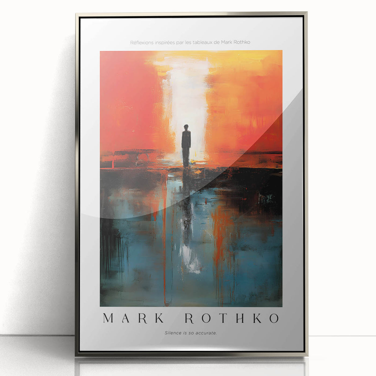 Mid-century modernist art depicting abstract shapes in blue and orange on a framed acrylic.