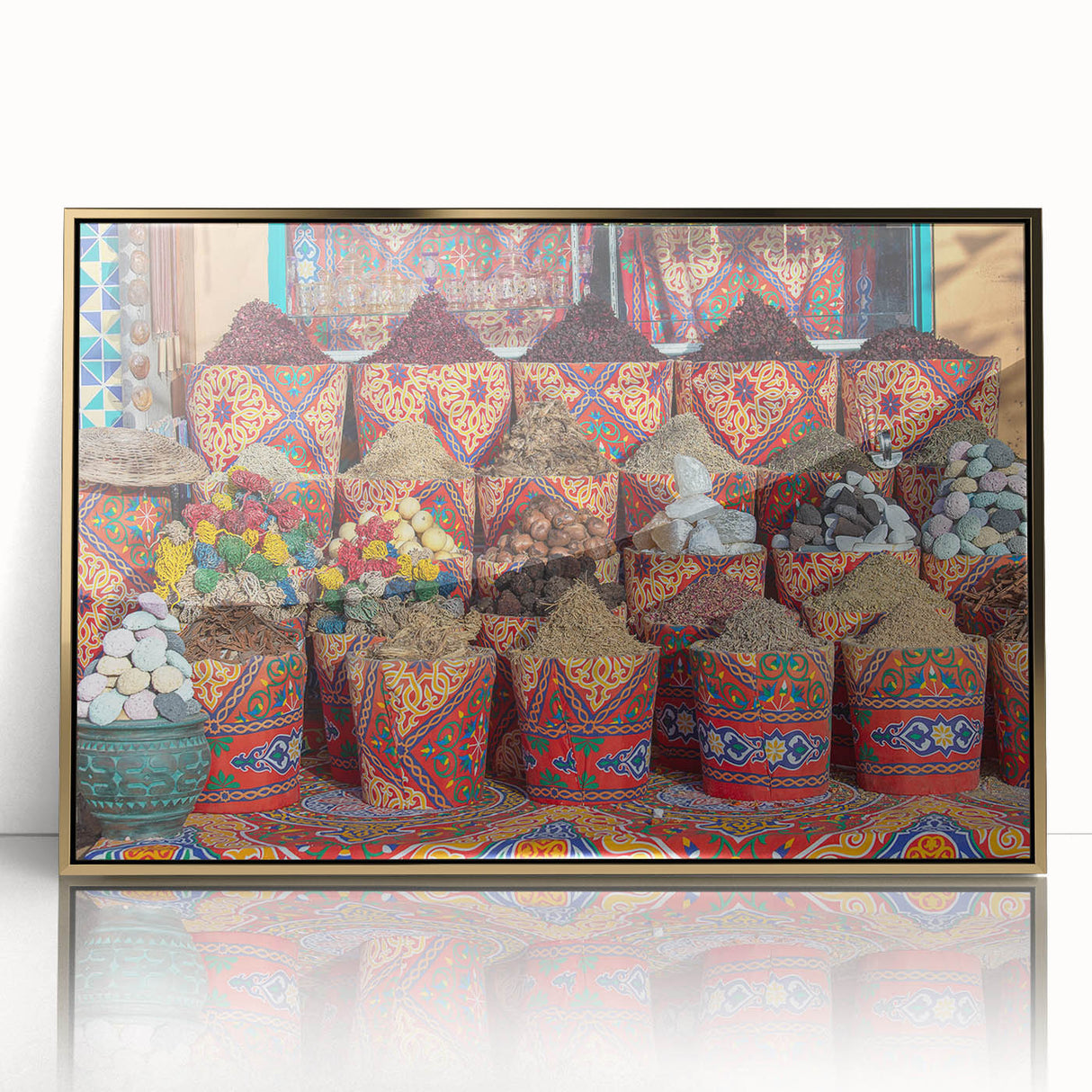Mid-century modernist art of Egyptian scenery on a framed acrylic, featuring gold and earth tones.
