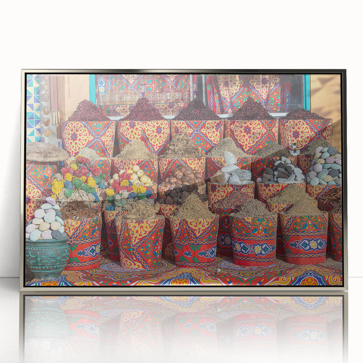 Framed acrylic modern art wall decor depicting a minimalist African Egyptian scenery in muted earth tones.