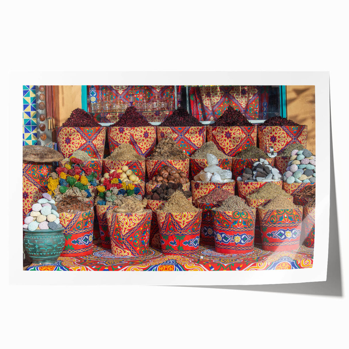 Rolled print of an Egyptian landscape featuring pyramids under a sunset sky, suited for art wall dining room.