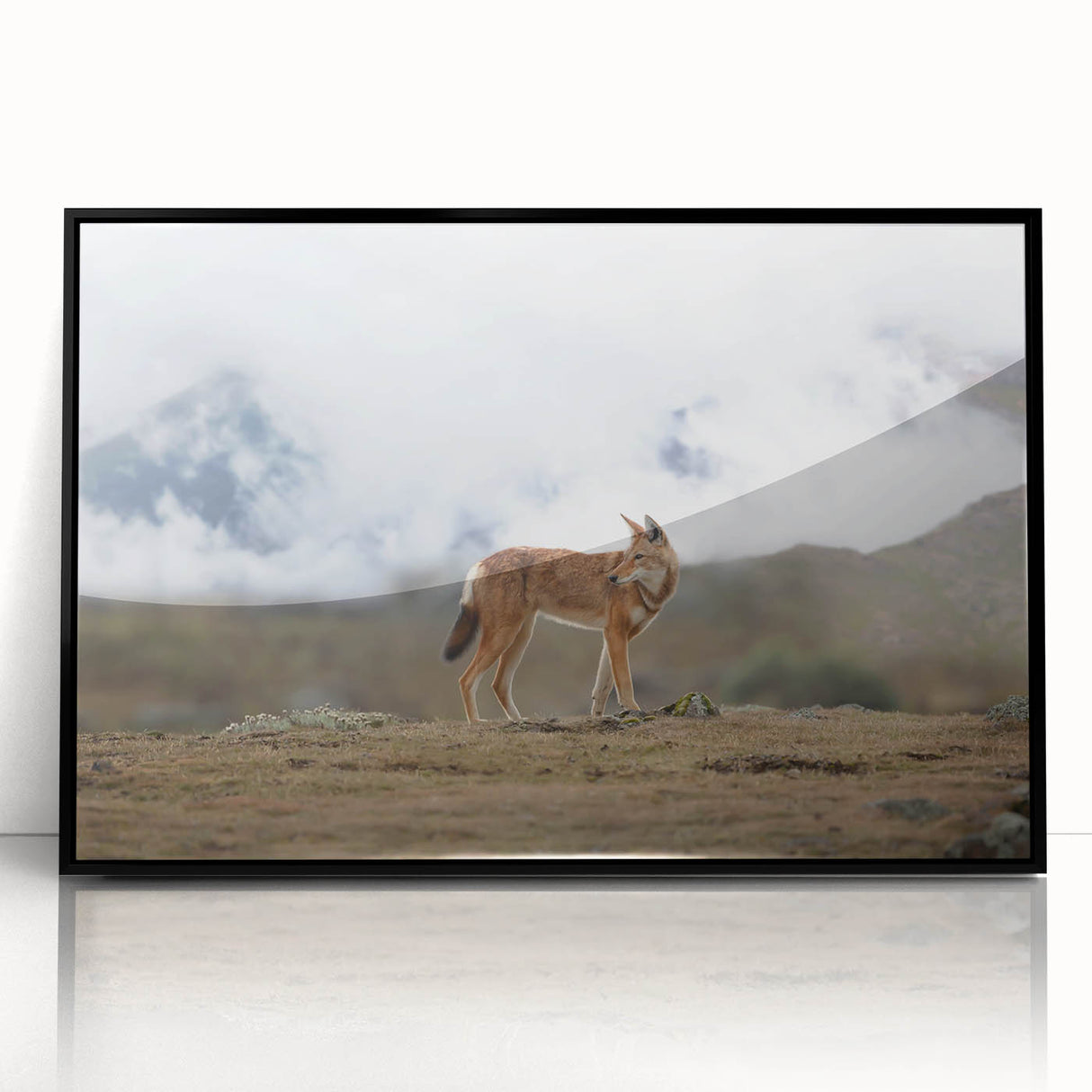 Large abstract wall art depicting an Ethiopian landscape in muted earth tones, framed in black acrylic.