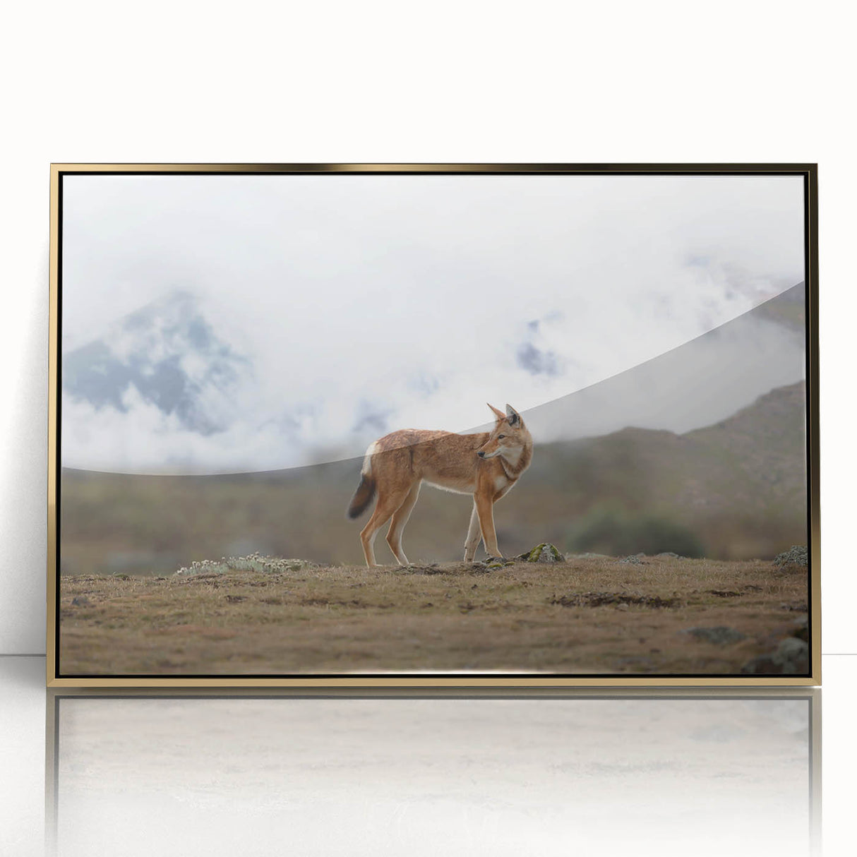 Mid-century modernist art featuring an Ethiopian landscape in muted earth tones on a framed acrylic panel.