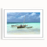 Extra large abstract art print of a textured African scenery in muted earth tones, framed in white.