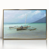 Mid-century modernist art depicting a serene Kenyan landscape in warm earth tones on a framed acrylic panel.