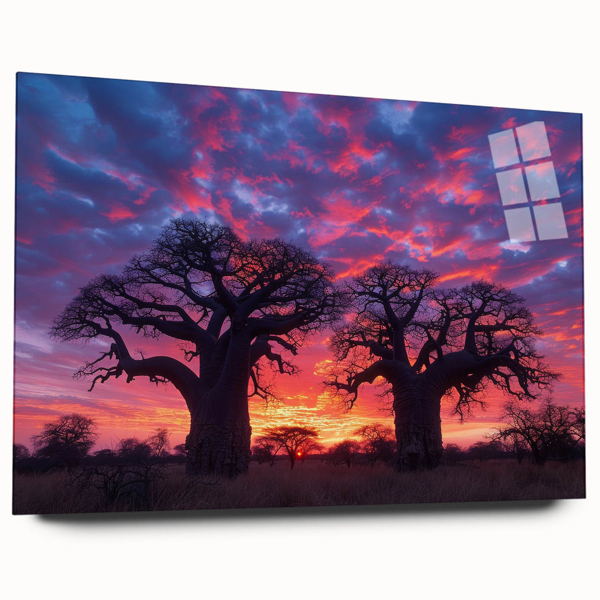 Large abstract wall art depicting a vibrant Madagascar scenery on acrylic glass, ideal for bedroom or dining room decor.