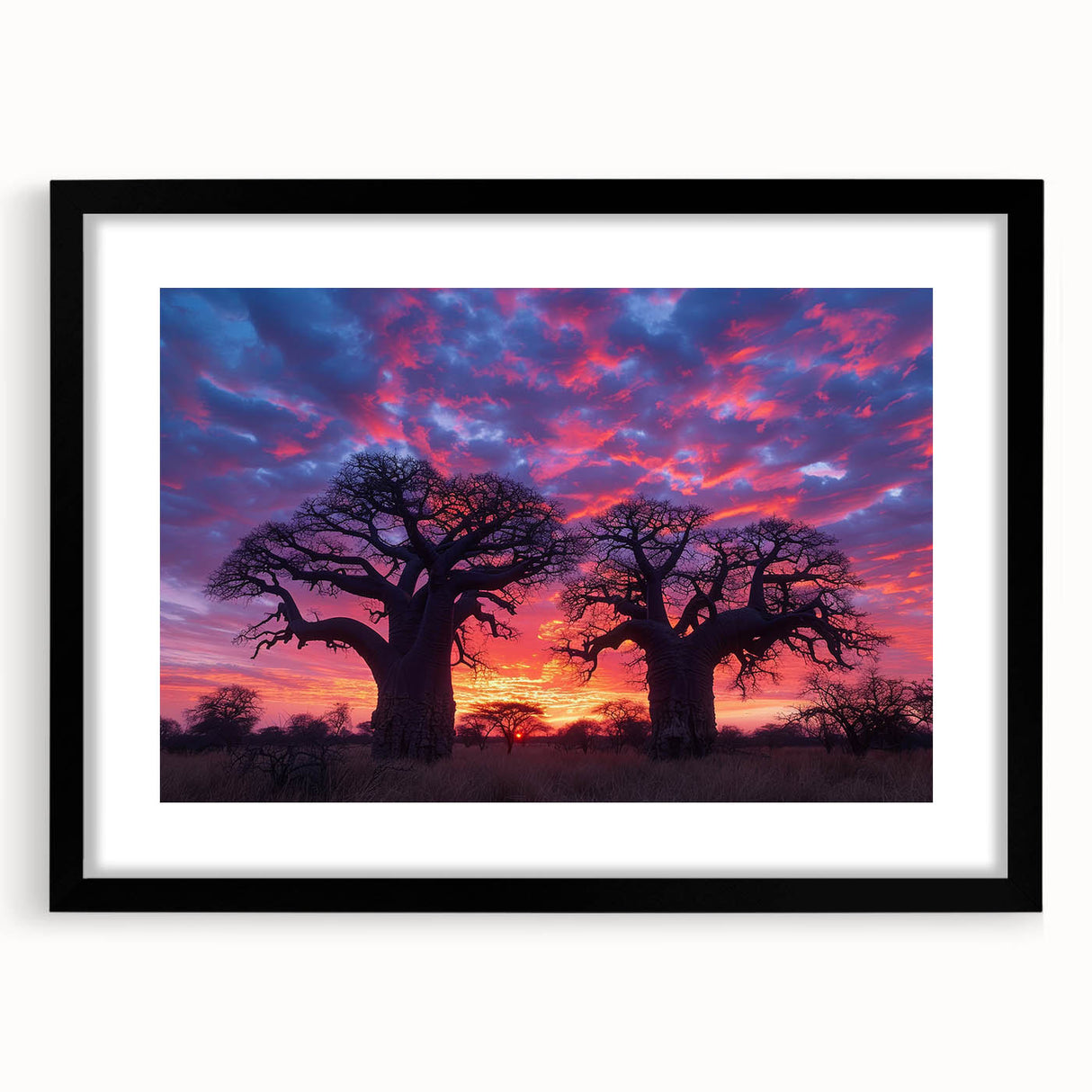 Extra large, textured abstract art print depicting a colorful Madagascar scenery on a black framed canvas.