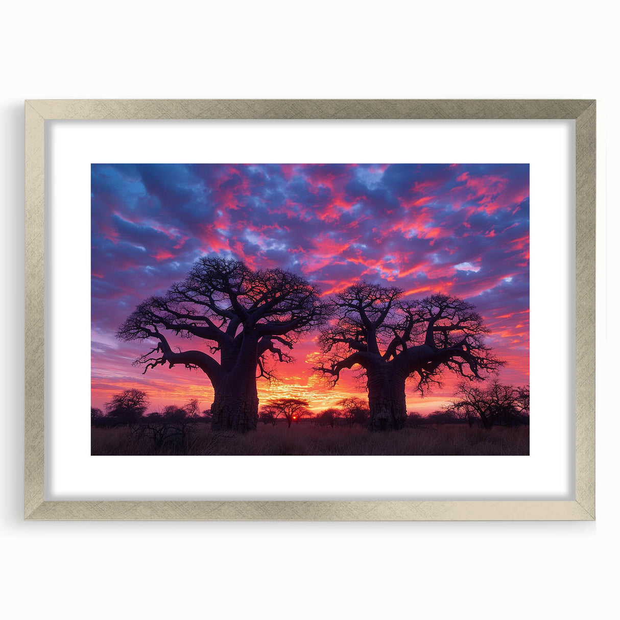 Abstract art print of a Madagascar scenery in muted earth tones on a framed silver mat, suitable for dining room decor.