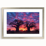 Abstract art print of a Madagascar scenery in muted earth tones on a framed silver mat, suitable for dining room decor.