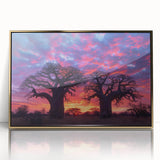 Mid-century modernist art depicting Madagascar scenery in gold and green tones on a framed acrylic.