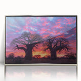 Art Deco style poster of Madagascar scenery in silver framed acrylic, featuring muted earth tones.