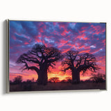 Vintage poster art of Madagascar scenery in vibrant colors on a silver-framed canvas, ideal for living room decor.