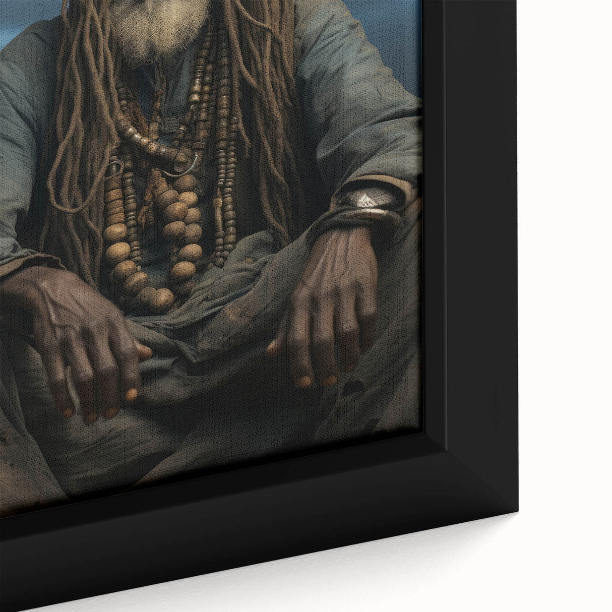 Framed canvas depicting a textured Mali landscape in black with colorful accents, ideal for living room decor.