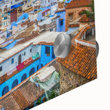 Large abstract wall art depicting a Moroccan landscape in earthy tones on acrylic glass, suitable for dining room decor.