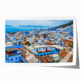 Moroccan landscape with vibrant orange and red tones on rolled print, suitable for art wall dining room.