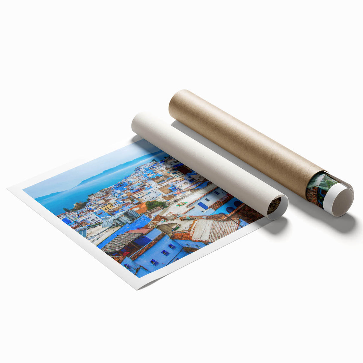 Extra large rolled print depicting a Moroccan scenery with floral elements in earth tones.