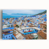 Black and white large art print of Moroccan scenery on stretched canvas, suitable for kitchen wall art.