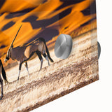 Large abstract wall art depicting a Namibian landscape in muted earth tones on acrylic glass, ideal for dining room decor.