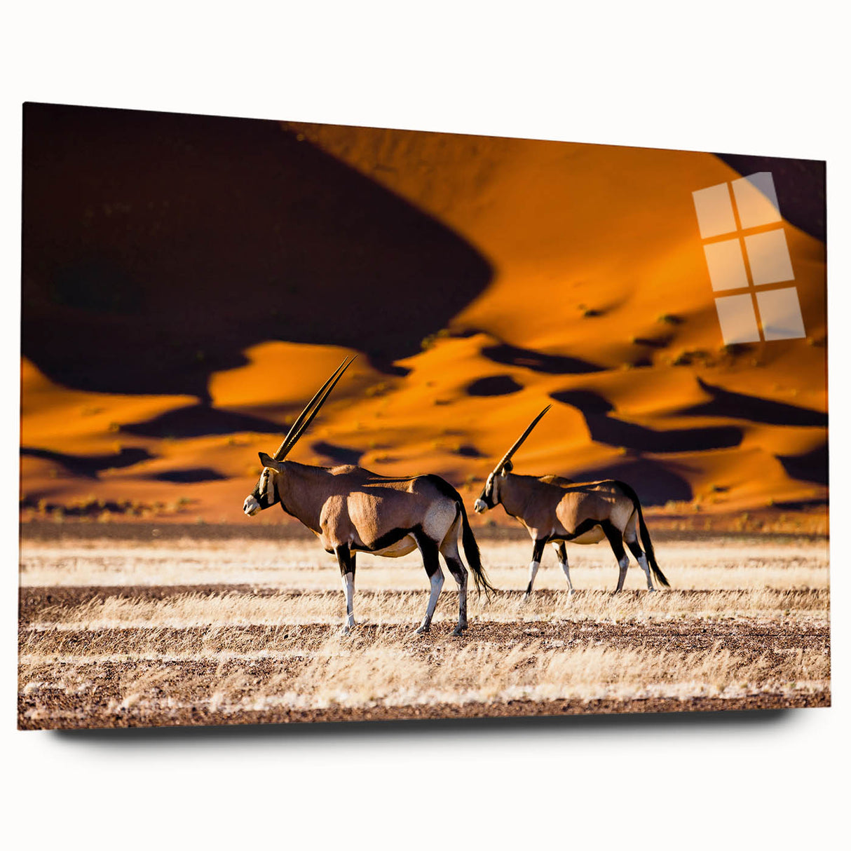 Large abstract wall art depicting the Namibian landscape in muted earth tones on acrylic glass.
