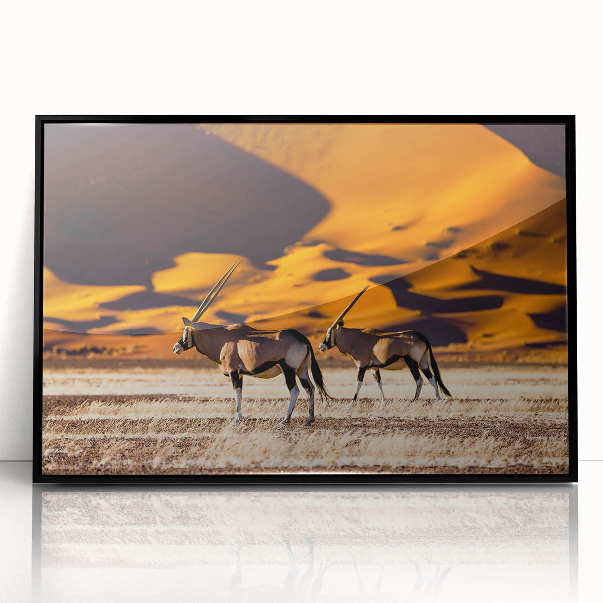 Large abstract wall art depicting a Namibian landscape in muted earth tones on framed acrylic.