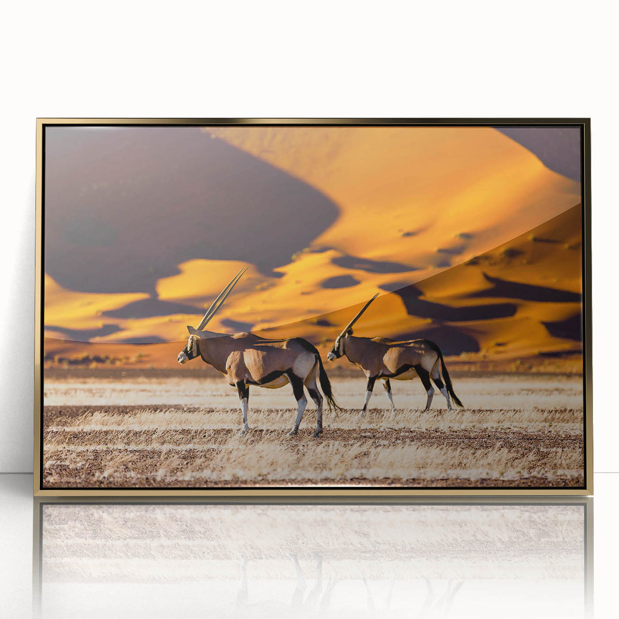 Mid-century modernist art of Namibian scenery in muted earth tones on a framed acrylic, ideal for modern art wall decor.