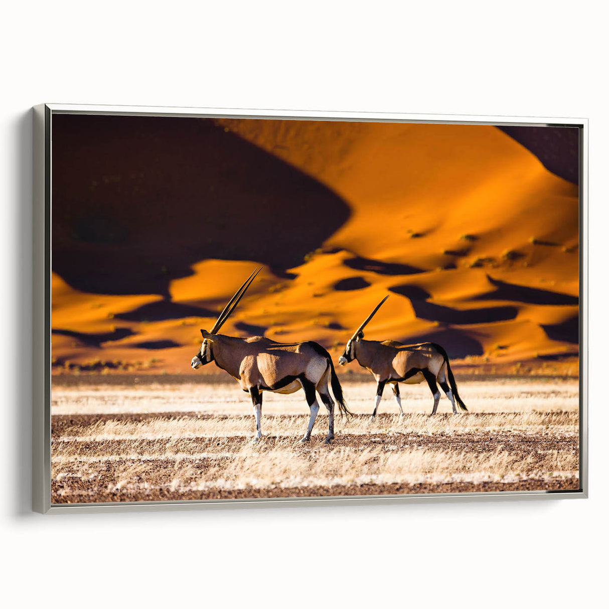 Vintage poster art of a Namibian landscape on a framed canvas, featuring a silver side view, ideal for living room decor.