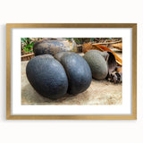 Extra large abstract art print of Seychelles scenery in gold frame with mat, featuring textured colors.