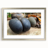 Textured abstract art print of Seychelles scenery in a silver frame, ideal for bedroom art, featuring blue and green tones.