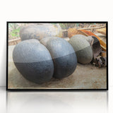 Large abstract wall art featuring a serene Seychelles scenery in muted blues and greens on framed acrylic.