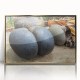 Acrylic print of Seychelles scenery in mid-century modernist style, featuring gold frame, ideal for modern art wall decor.