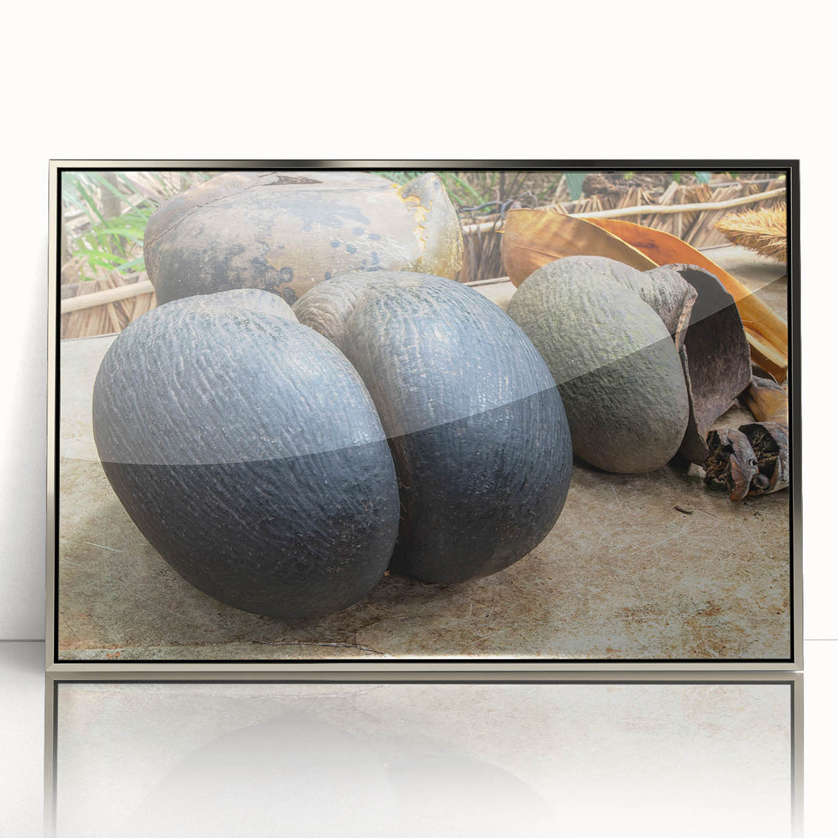 Mid-century modernist art depicting the Seychelles landscape on a framed acrylic, featuring blue and green tones.