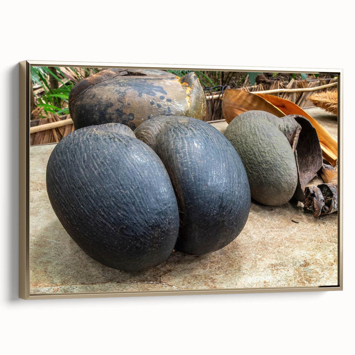 Framed canvas featuring a serene Seychelles landscape in muted gold and black tones, ideal for bedroom wall art.
