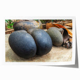 Scenic Seychelles beach with palm trees in muted blues and greens on a large rolled canvas.