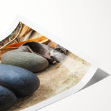 Extra large rolled print of Seychelles scenery with line art flowers in muted earth tones.