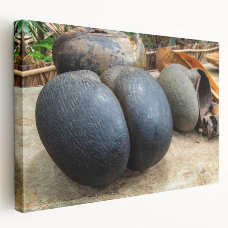 Landscape print of Seychelles with vivid blue sea and sky on stretched canvas, suitable for kitchen wall art.