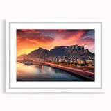 Textured abstract art print depicting South African scenery in earthy tones, framed in white, suitable for bedroom decor.