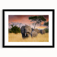 Extra large abstract art print featuring textured, colorful depiction of Tanzanian scenery on a black framed canvas.