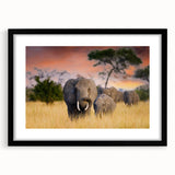 Extra large abstract art print featuring textured, colorful depiction of Tanzanian scenery on a black framed canvas.