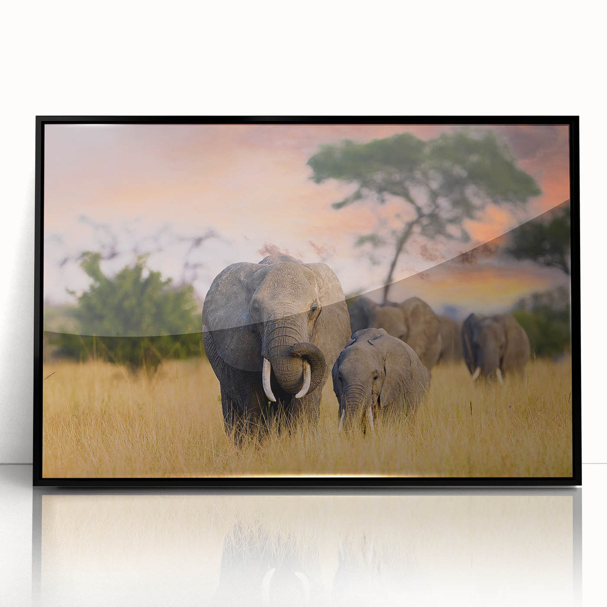 Large abstract wall art depicting a Tanzanian scenery in muted earth tones on a framed acrylic.