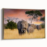 Framed canvas of a vintage-style Tanzanian landscape in muted gold and black tones, ideal for bedroom wall art.