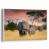 Vintage poster art of Tanzanian scenery on framed canvas, featuring vibrant colors and black accents.