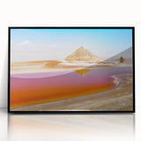 Large abstract wall art depicting a Tunisian landscape in mid-century modernist style, framed in black acrylic.