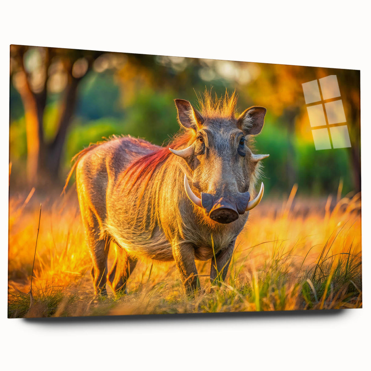 Large abstract wall art of an African scenery in earth tones on acrylic glass, perfect for bedroom or dining room decor.