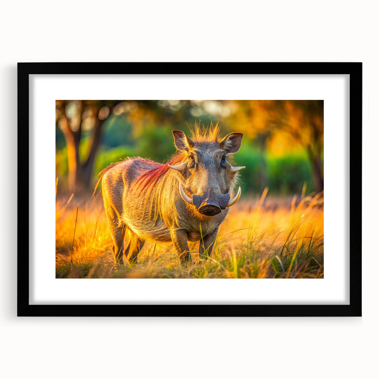 Abstract art print of a vibrant, colorful African scenery on a large textured canvas, ideal for living room decor.