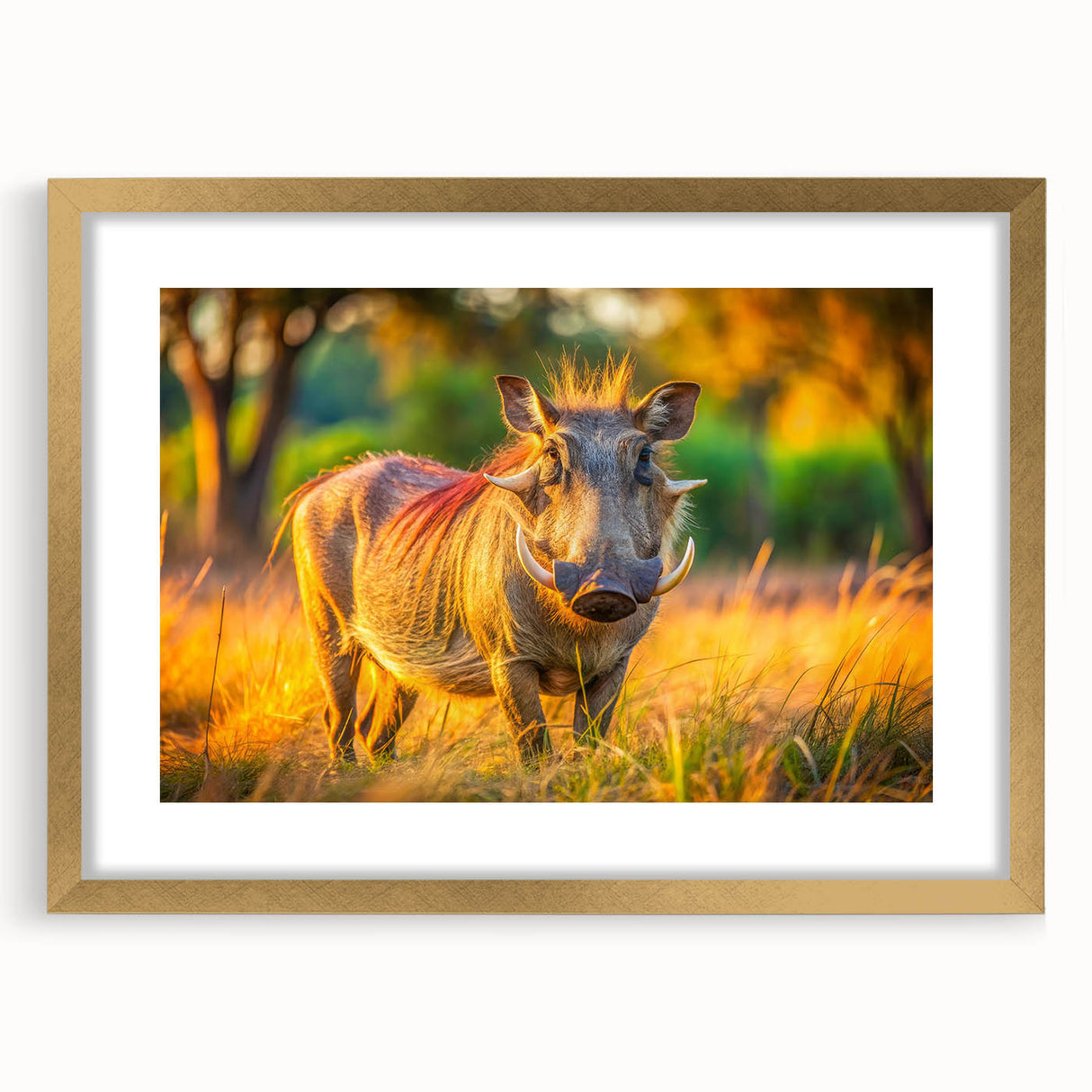 Extra large abstract art print of African scenery in gold frame, featuring textured earth tones, ideal for living room decor.